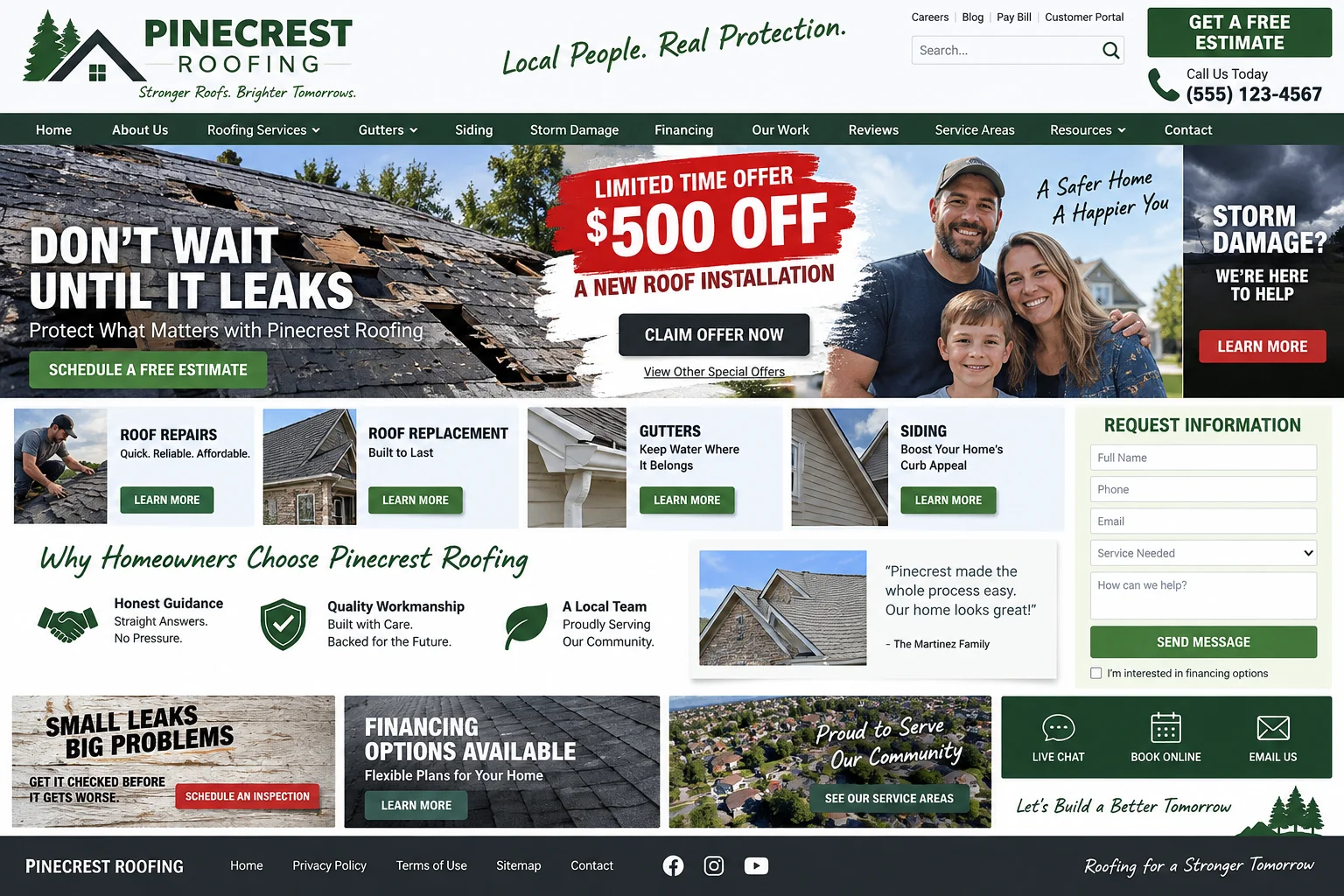 Pinecrest Roofing website before redesign